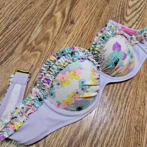 VS Victoria Secret Swimsuit Top Pink 36A Strapless Floral Ruffle‎ Balconette